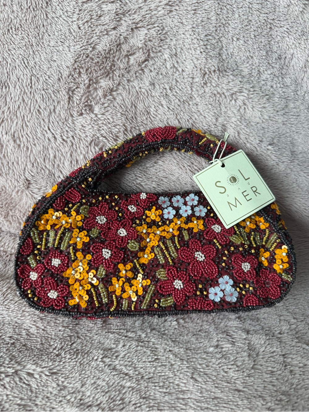 🍁 NWT SOL and Mer Hand-Embellished Burgundy Floral Beaded Handle Bag